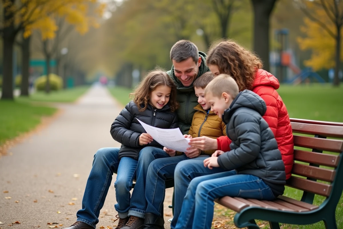Famille v&eacute;rifiant des bons dans un parc en plein air