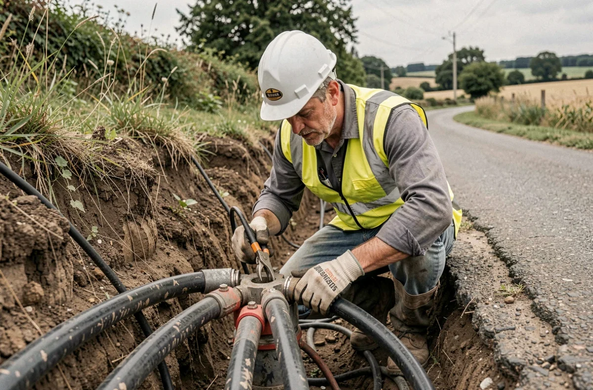 Électricien 3R Réseaux travaillant sur une jonction de câble souterrain en tranchée en Côte-d'Or
