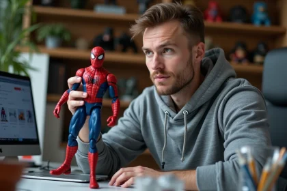 Homme inspectant une figurine Spider-Man authentique achetée en ligne, vérifiant la qualité des détails et de la peinture