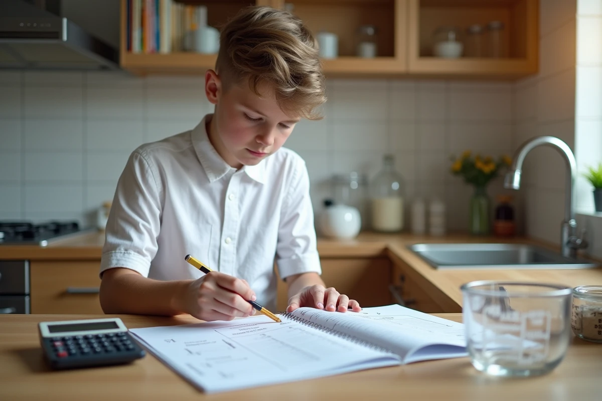 Adolescent étudiant un tableau de conversion entre mètres cubes et litres avec un manuel scolaire et des récipients gradués sur un plan de travail
