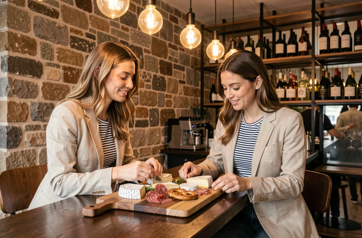 Deux femmes dégustant une planche alsacienne lors d'un afterwork dans un bar à vins moderne de Colmar