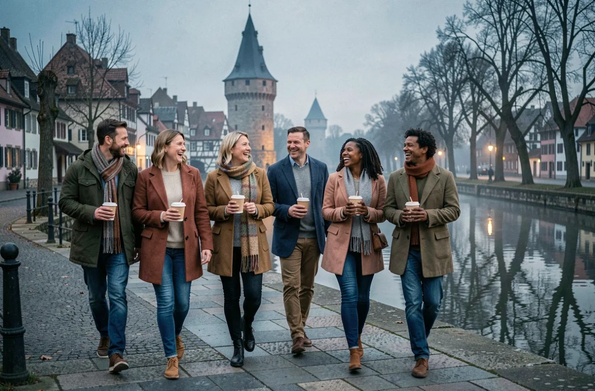 Groupe de collègues en afterwork au bord de l'Ill dans le quartier de la Petite France à Strasbourg en automne