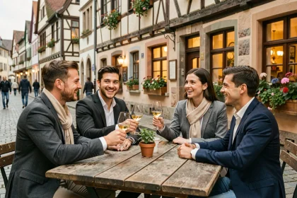 Groupe de jeunes professionnels en afterwork sur une terrasse alsacienne traditionnelle à Strasbourg avec des verres de vin blanc