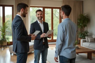 Agent immobilier confiant avec tablette dans salon moderne