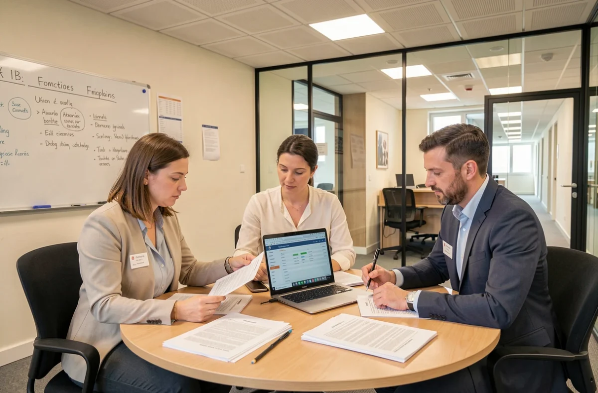 Agents des collectivités territoriales collaborant autour de documents de droit public dans une salle de réunion administrative