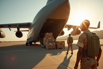 Personnel de la Royal Air Force déchargeant des aides humanitaires sur une piste en plein jour