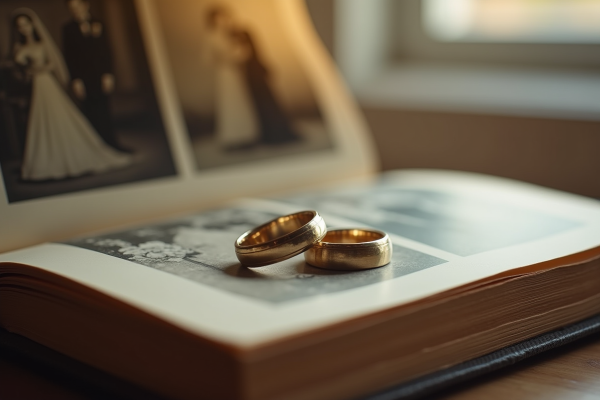 Alliances entrelacees sur un album photo vintage en lumière douce
