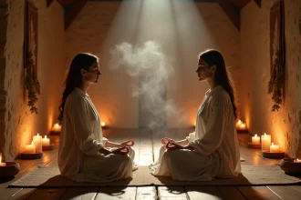 Deux femmes méditant face à face dans un espace sacré, symbolisant la connexion spirituelle entre âmes sœurs
