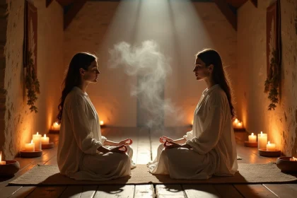 Deux femmes méditant face à face dans un espace sacré, symbolisant la connexion spirituelle entre âmes sœurs