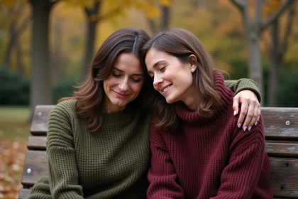 Deux amies dans la trentaine partageant un moment émouvant et sincère sur un banc de parc en automne, les larmes aux yeux mais le sourire aux lèvres