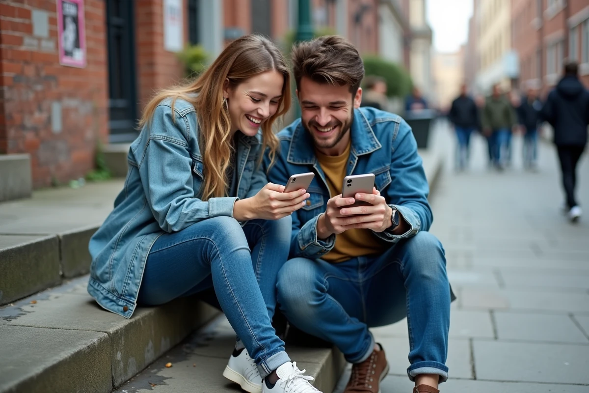 Deux amis assis sur des marches urbaines qui rient ensemble en regardant des punchlines pour légender leurs stories