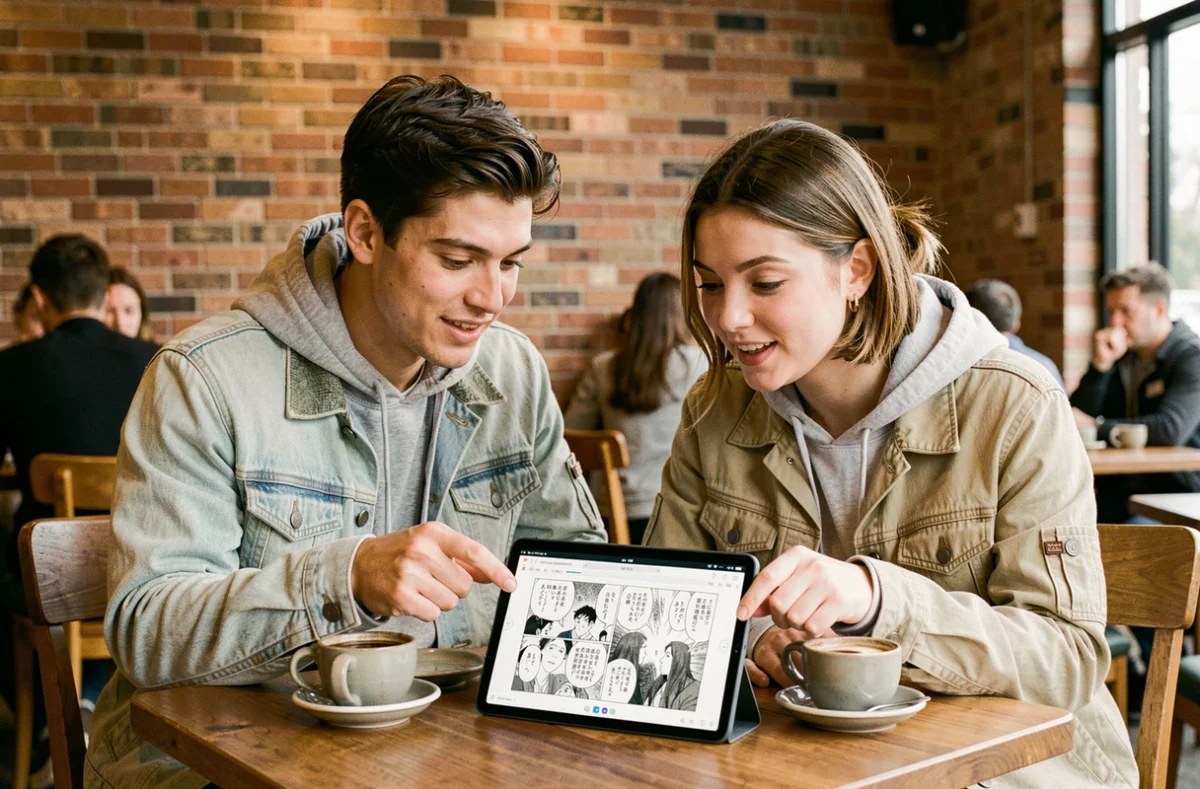 Deux amis cherchant ensemble un chapitre de manga en VF sur une tablette dans un café