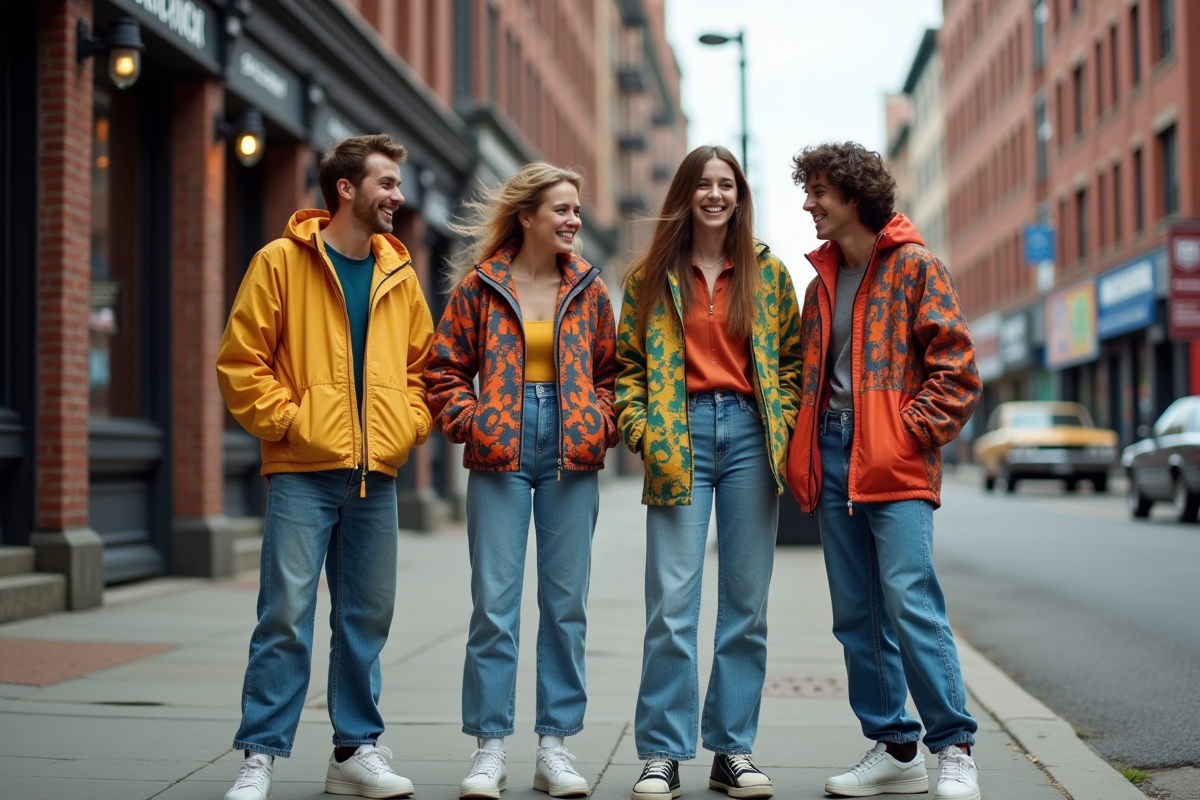 Groupe d'amis dans la rue des années 80 souriant