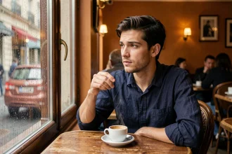 Jeune homme pensif dans un café parisien, regard perdu dans le vague, illustrant les émotions d'un amoureux transi