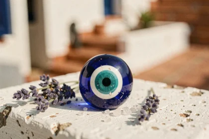Amulette œil grec nazar boncuk en verre bleu cobalt posée sur une surface en pierre blanchie à la chaux dans un décor méditerranéen authentique