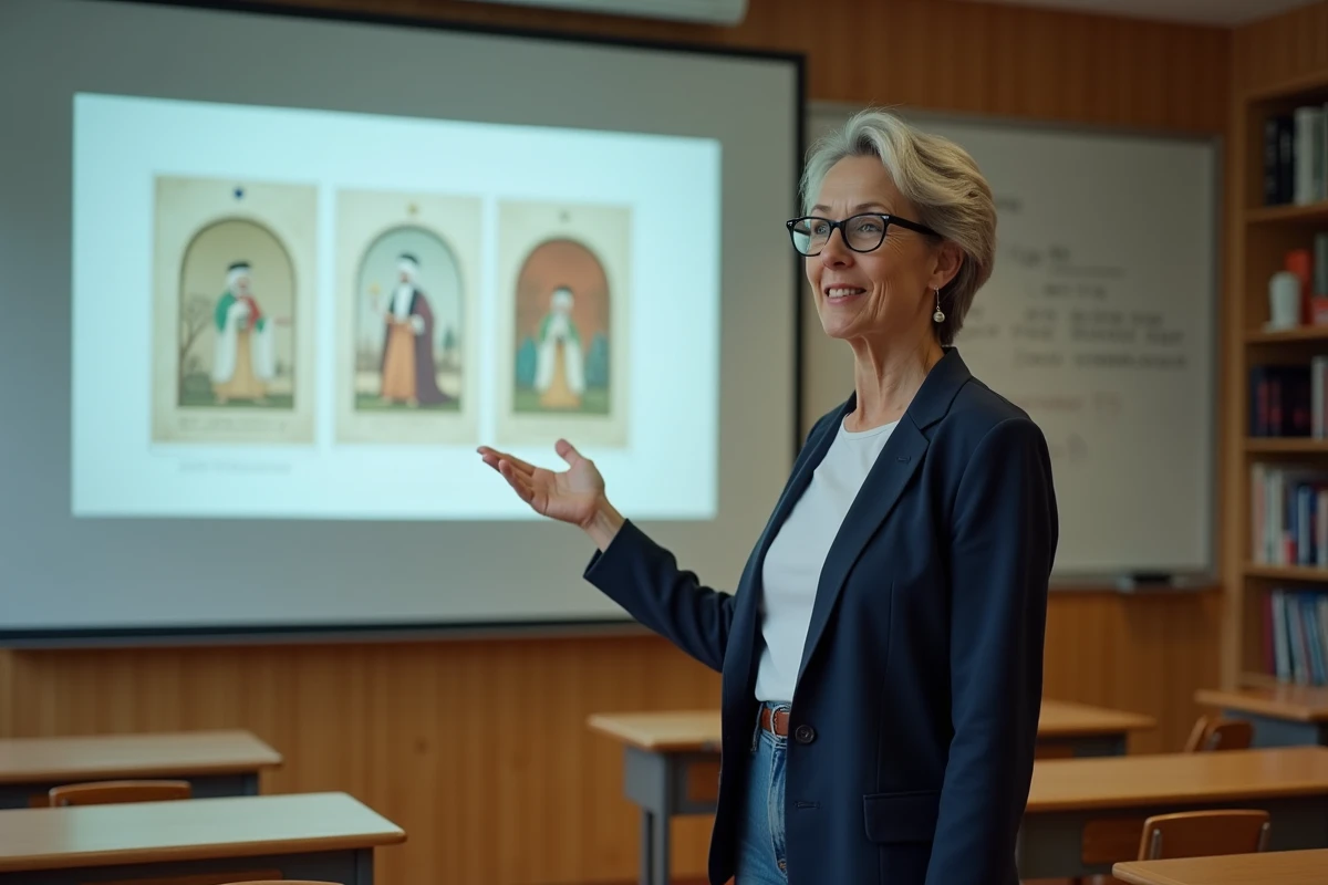 Professeure universitaire analysant les stéréotypes orientalistes dans l'animation Disney devant une salle de classe avec projection comparant art islamique et cinéma