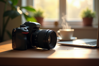 Appareil photo DSLR sur un bureau avec ordinateur et café chaud