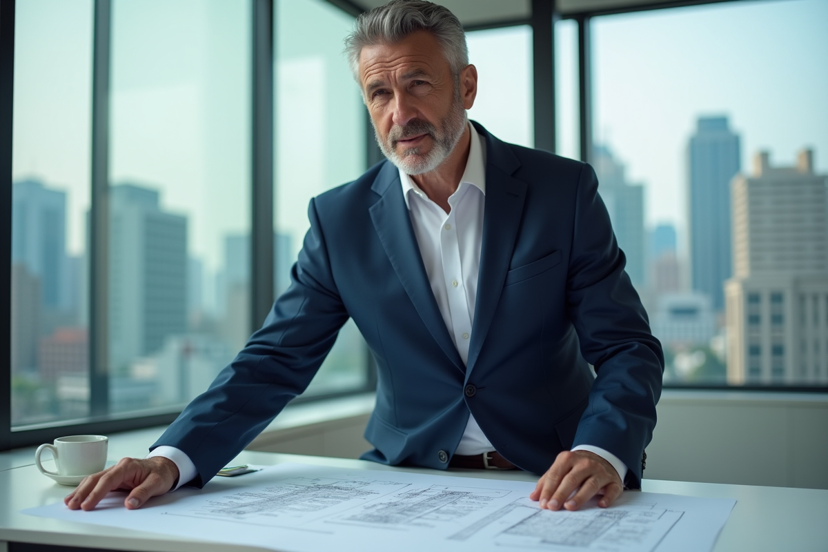 Architecte homme en costume bleu regardant des plans