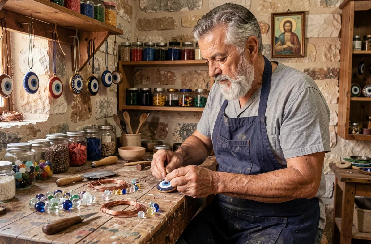 Artisan grec âgé assemblant à la main une amulette œil protecteur dans un atelier traditionnel aux murs en pierre