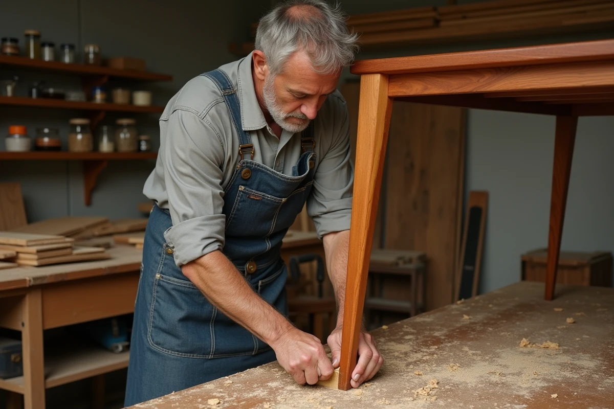 Artisan ponçant une table en teck dans son atelier