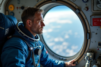 Astronaute en combinaison bleue regardant la Terre par une fenêtre