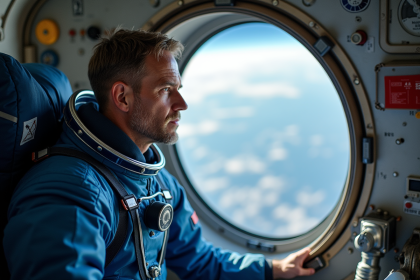 Astronaute en combinaison bleue regardant la Terre par une fenêtre