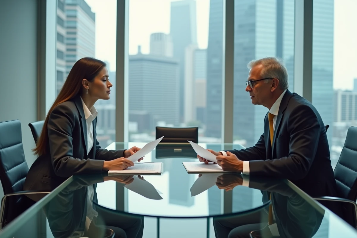 Avocate en blazer gris et client examinant des documents juridiques dans une salle de r&eacute;union moderne avec vue sur la ville