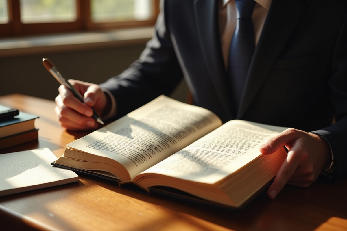Avocat lisant le code civil français à un bureau ensoleille