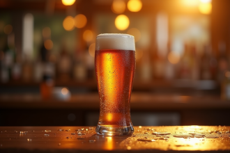 Bière ambrée sombre en verre sur bar en bois