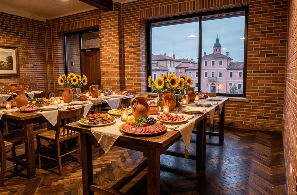 Salle de réception du Bon Vivre à Toulouse avec murs en brique rose, tables garnie de spécialités occitanes et vue sur la ville