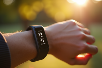 Montre connectée affichant le nombre de pas et la distance en km