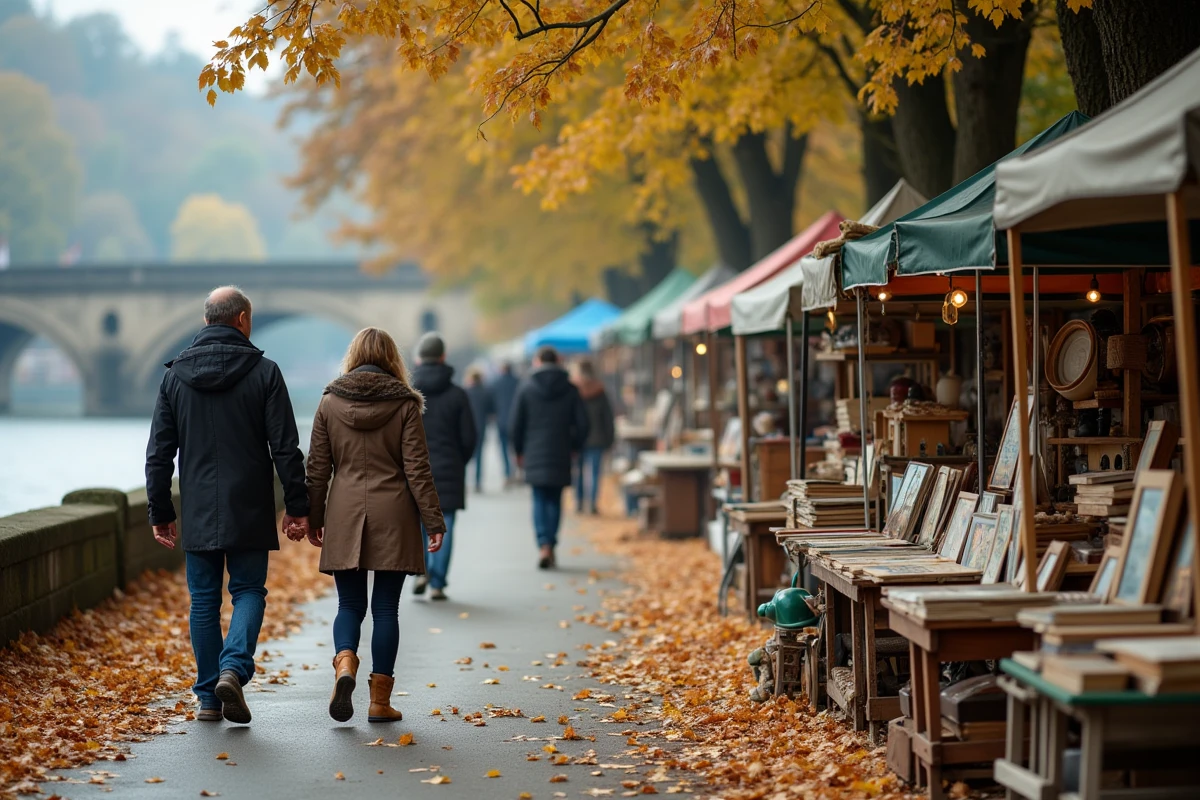 Brocante en bord de Moselle à Metz en automne avec des visiteurs feuilletant des livres anciens parmi les étals