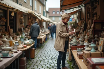 Brocante en plein air dans un village de Meurthe-et-Moselle avec des objets vintage et une visiteuse inspectant des antiquités