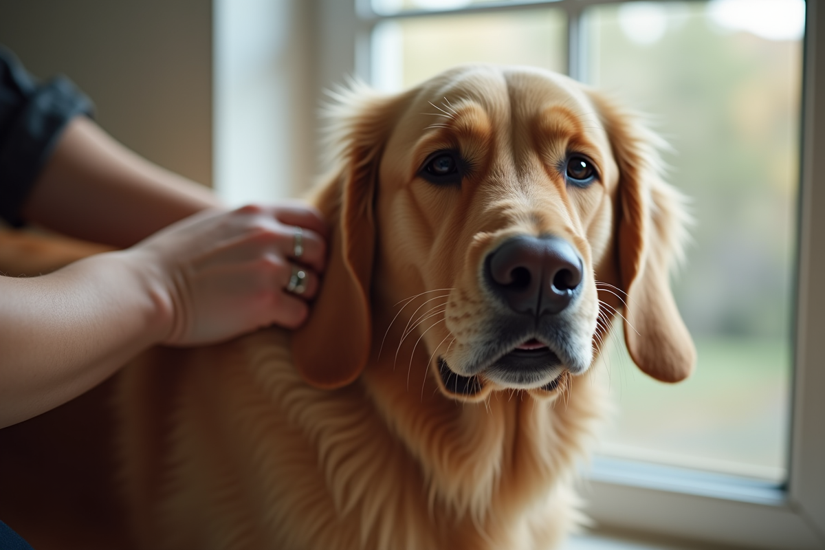 Personne brossant un labrador à la maison près d