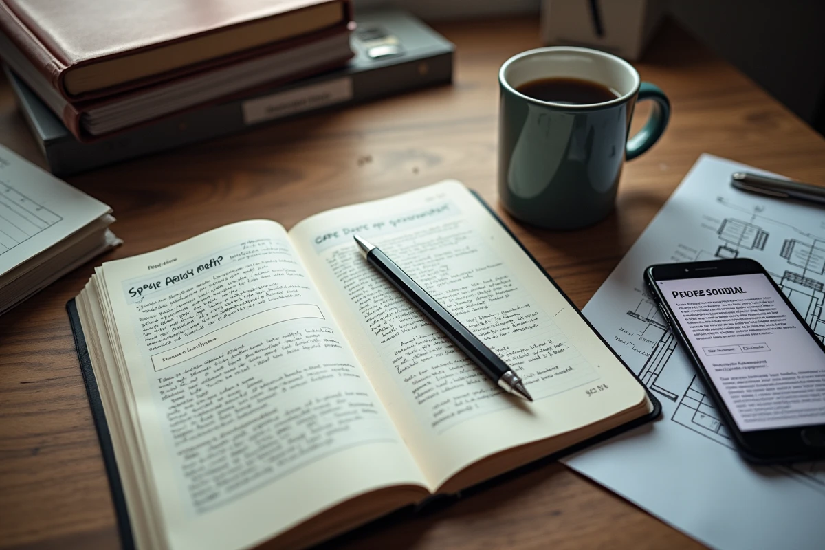 Bureau de travail d'un dirigeant de PME industrielle avec notes manuscrites et article de blog affiché sur smartphone