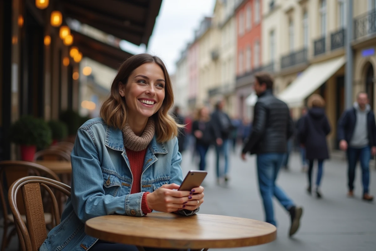 Femme souriante assise dans un cafe de Lille en extérieur