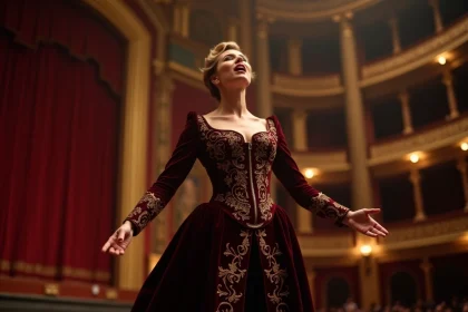 Cantatrice en costume d'opéra baroque chantant sur scène dans un grand opéra européen historique