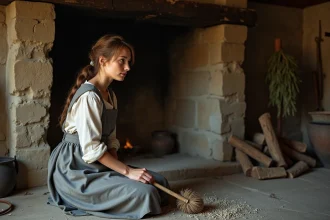 Jeune femme en tablier de lin agenouillée près d'une cheminée en pierre dans une cuisine rustique médiévale, évoquant le personnage de Cendrillon de Charles Perrault