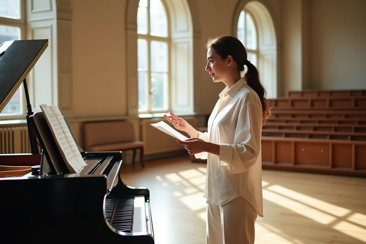 Chanteuse lyrique en répétition dans une salle de conservatoire au piano à queue Steinway