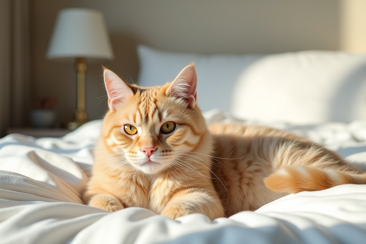 Chat beige allongé sur un lit en lin blanc en lumière naturelle
