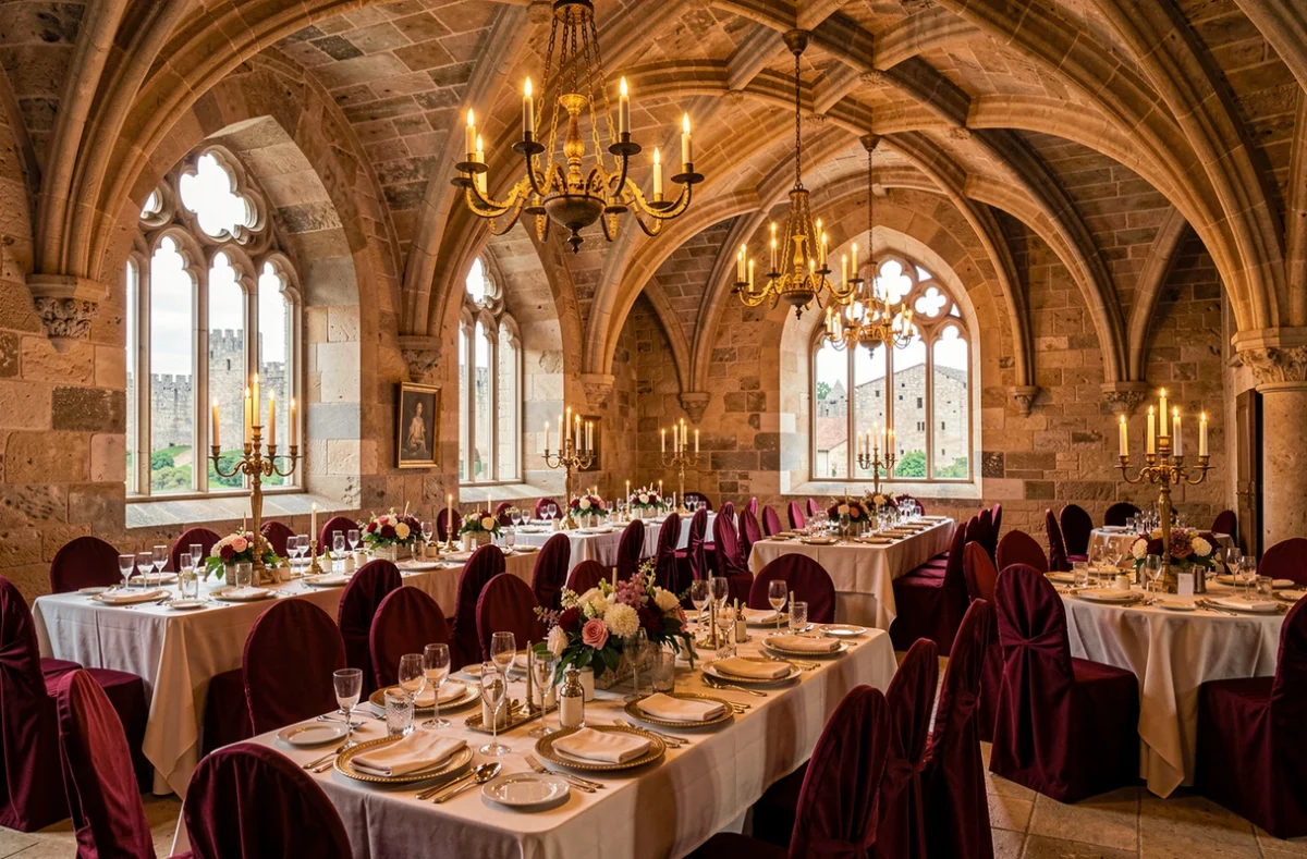 Salle de réception voûtée du Château Guilhem à Carcassonne avec décor médiéval, chandeliers et murs en pierre historiques