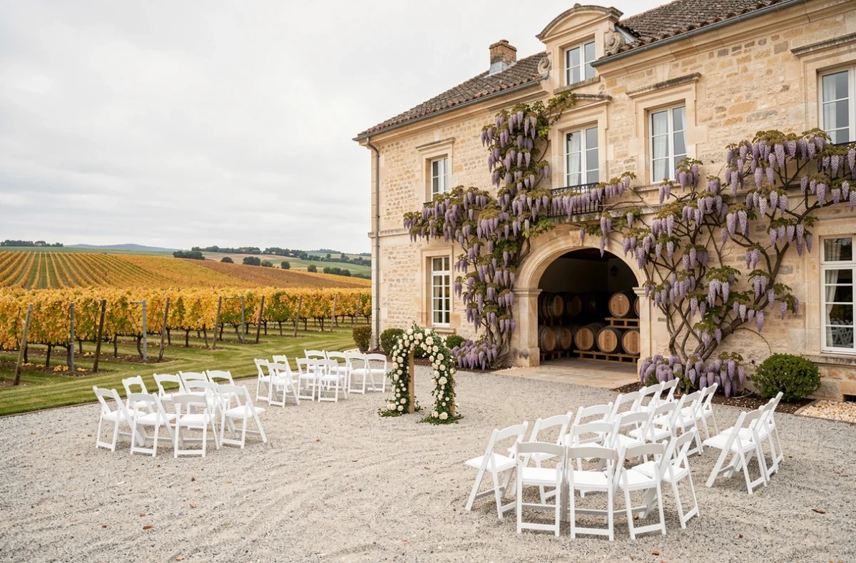 Façade du Château Nadal Hainaut près de Perpignan avec cour de réception en gravier, vignes et arche florale