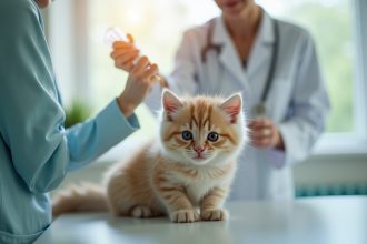 Vétérinaire administrant un déparasitant à un chaton fluffy