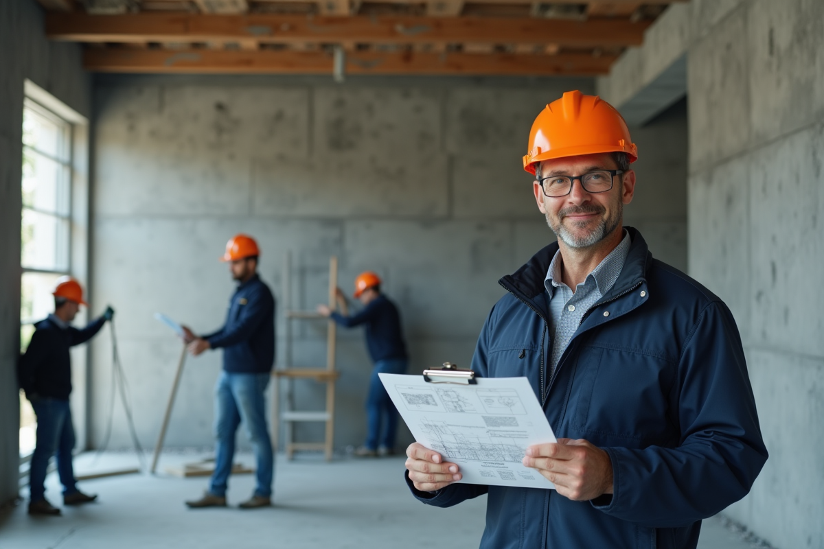 Chef de chantier avec casque orange dans un bâtiment en construction