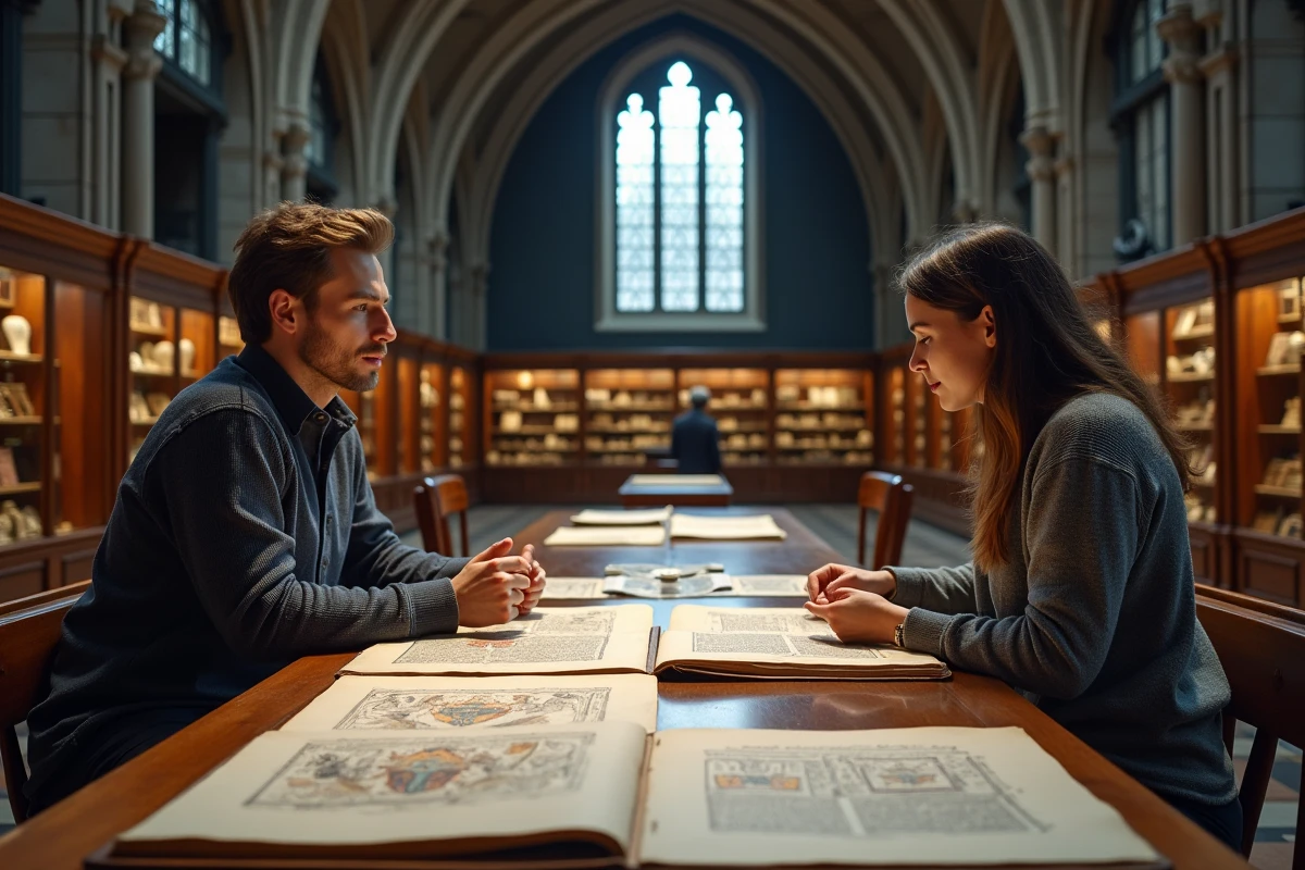 Deux chercheurs étudiant des documents médiévaux dans une grande salle de lecture historique