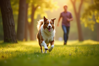 Australian Shepherd courant dans un parc ensoleille