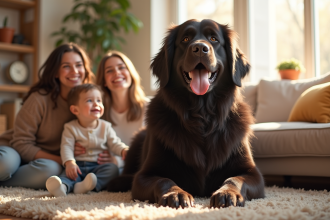 Chien Newfoundland souriant avec famille dans un salon lumineux