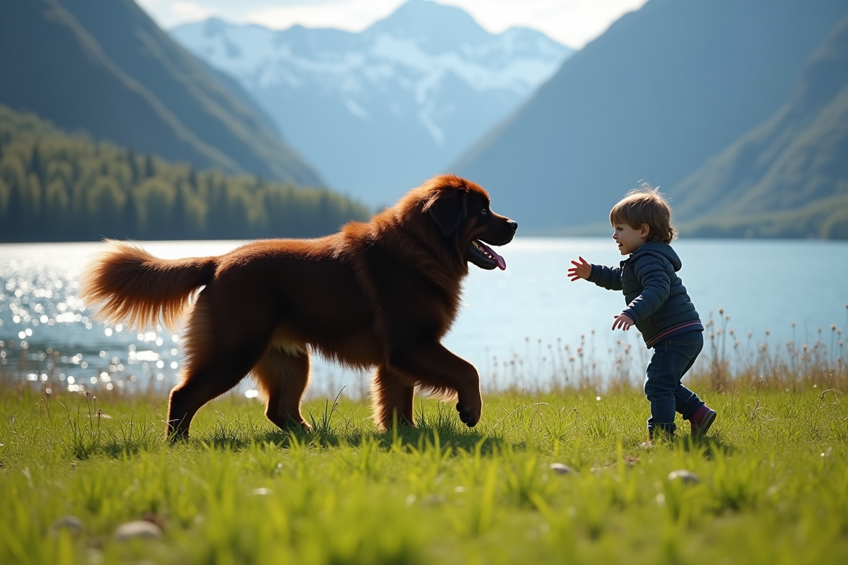 Chien Newfoundland jouant avec un enfant au bord du lac