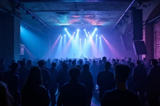 Intérieur d'un club techno parisien souterrain avec système son professionnel et éclairage LED façon festival