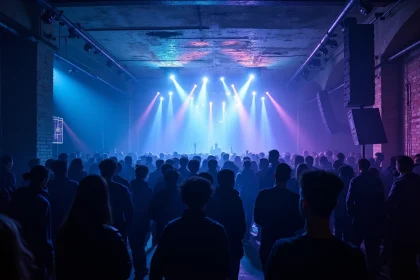 Intérieur d'un club techno parisien souterrain avec système son professionnel et éclairage LED façon festival